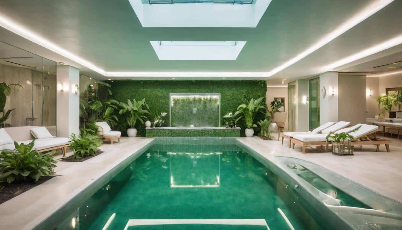 Luxurious indoor pool with green furniture