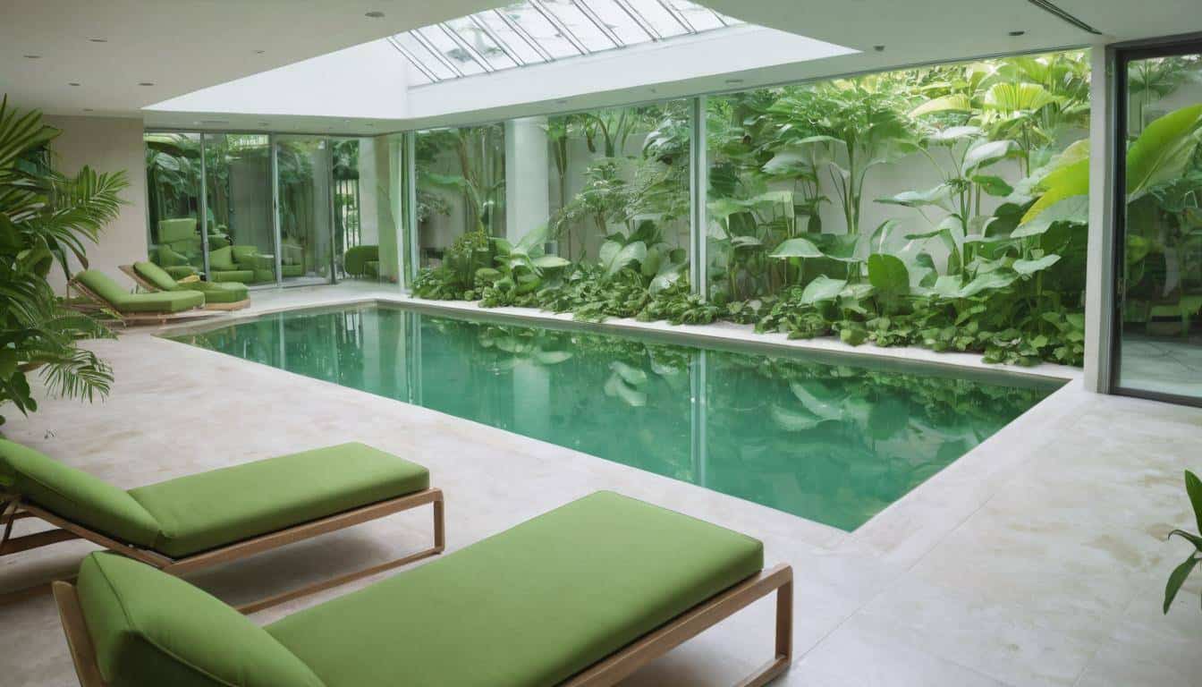 Luxurious indoor pool with green furniture