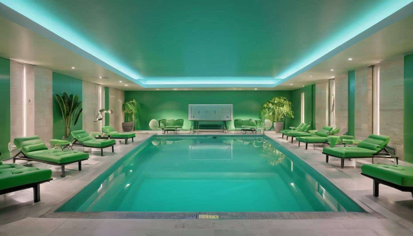 Luxurious indoor pool with green furniture