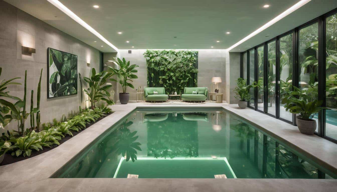 Luxurious indoor pool with green furniture