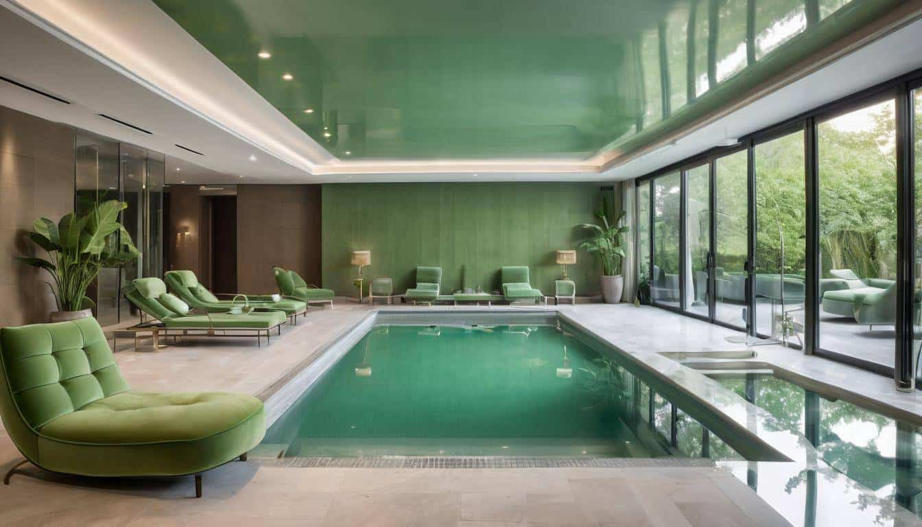 Luxurious indoor pool with green furniture