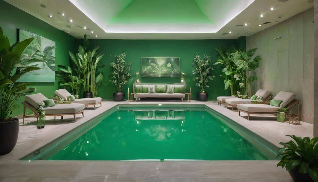 Luxurious indoor pool with green furniture