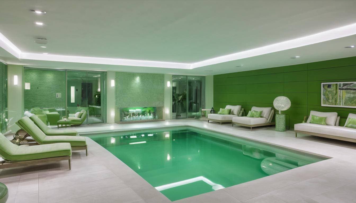 Luxurious indoor pool with green furniture