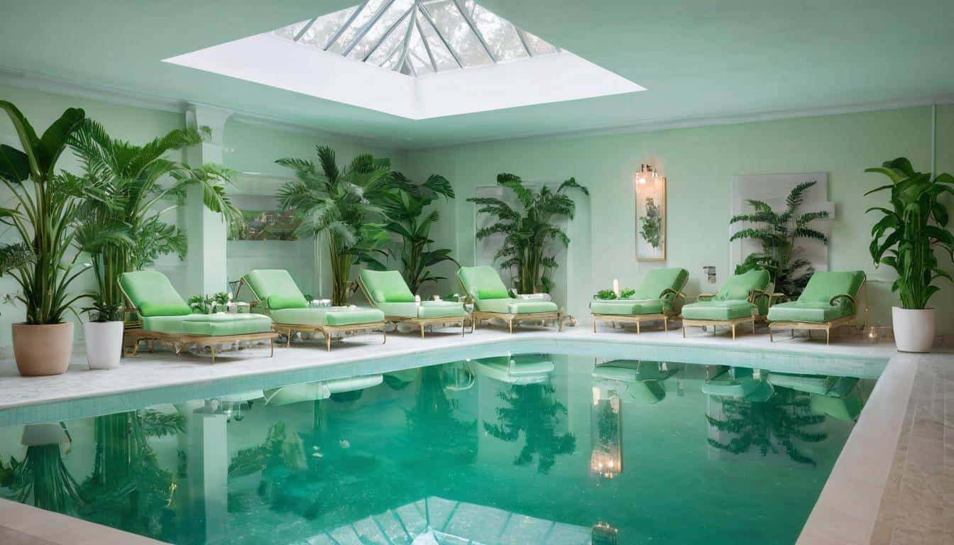 Luxurious indoor pool with green furniture