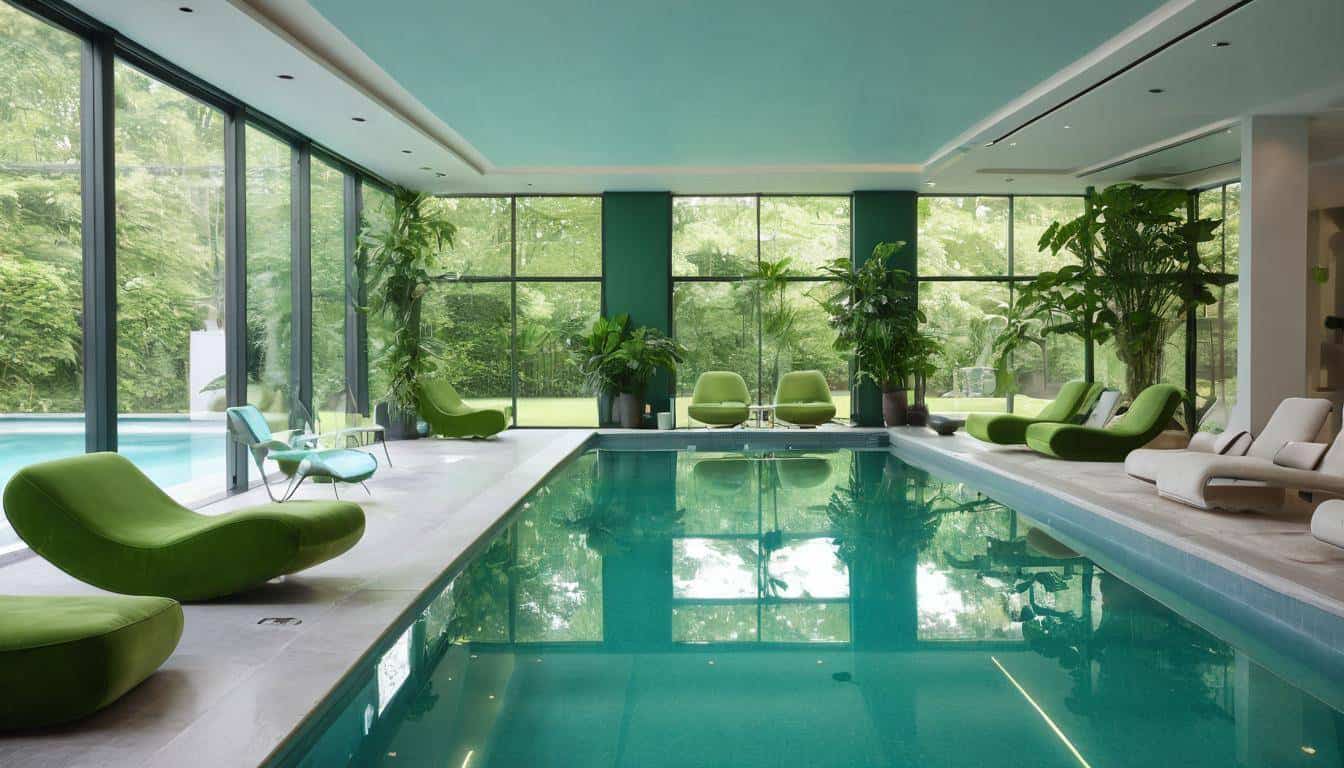 Luxurious indoor pool with green furniture