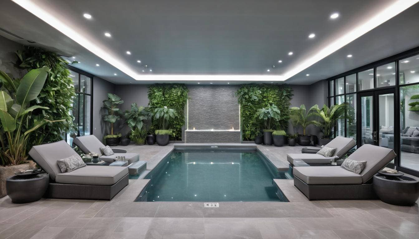 Luxurious indoor pool with grey decor