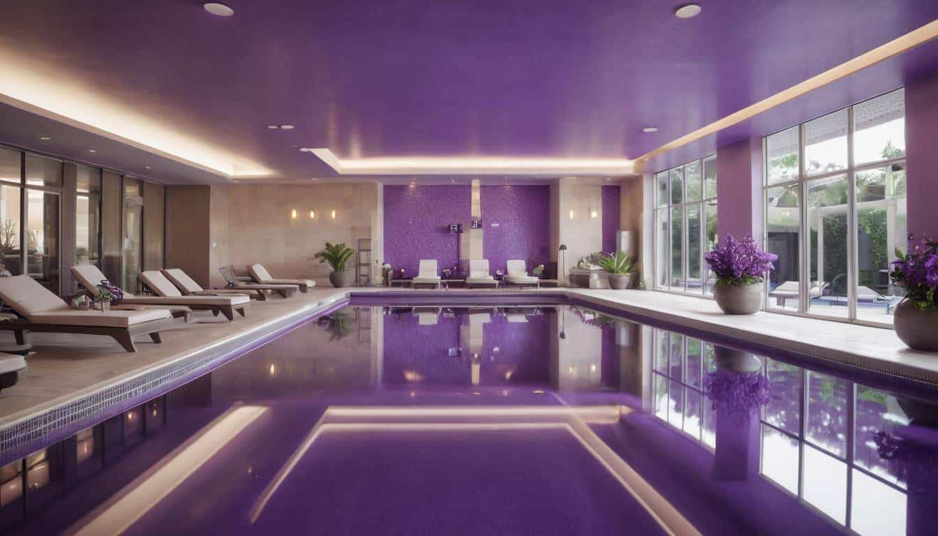 Luxurious indoor pool with purple decor