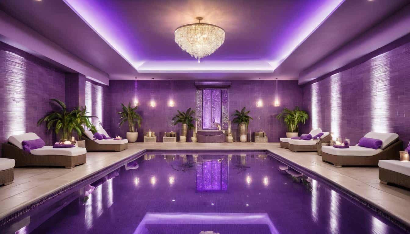 Luxurious indoor pool with purple decor