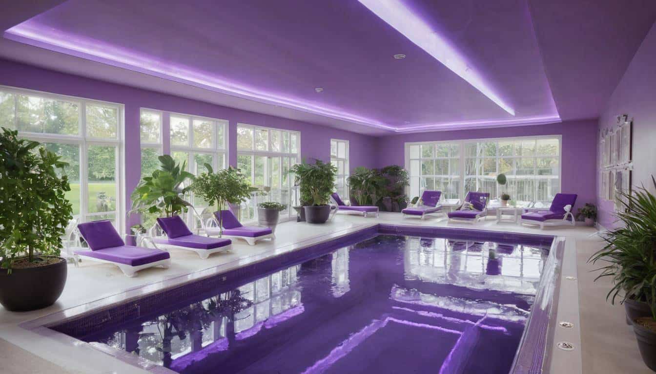 Luxurious indoor pool with purple decor