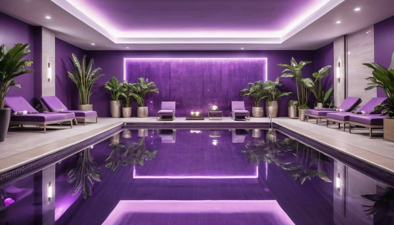 Luxurious indoor pool with purple decor