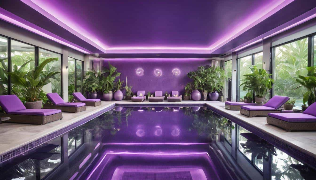 Luxurious indoor pool with purple decor