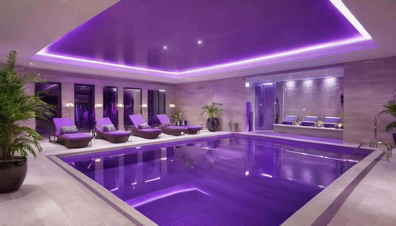 Luxurious indoor pool with purple decor