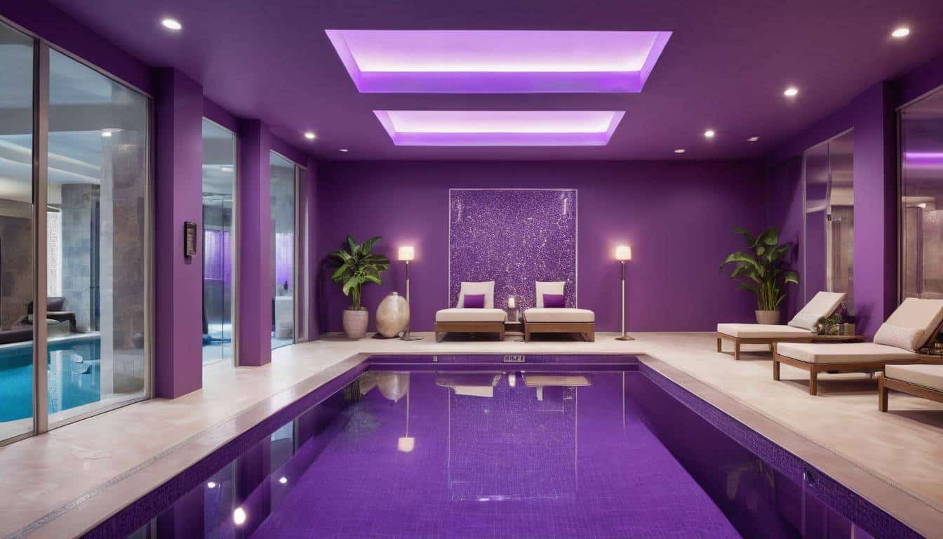 Luxurious indoor pool with purple decor