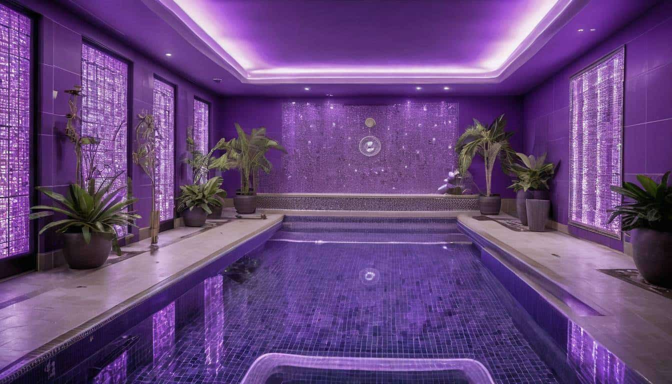 Luxurious indoor pool with purple decor