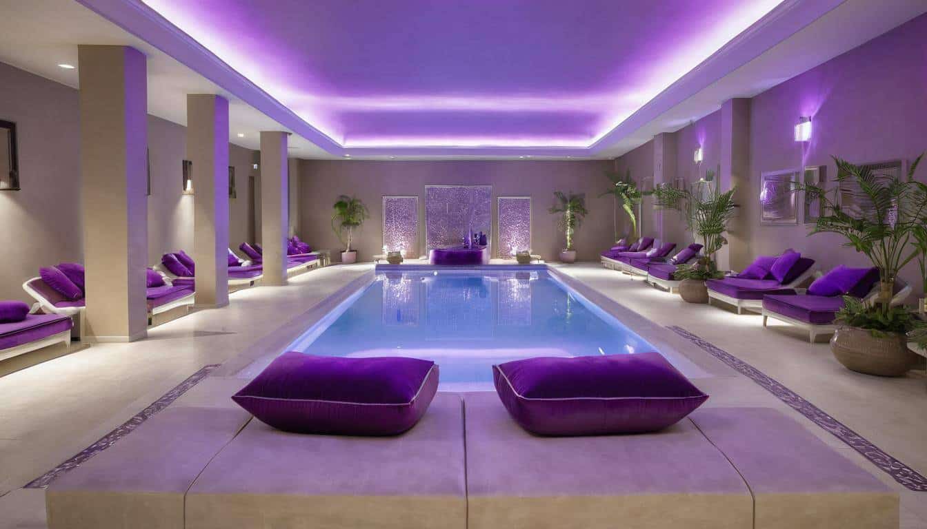 Luxurious indoor pool with purple decor