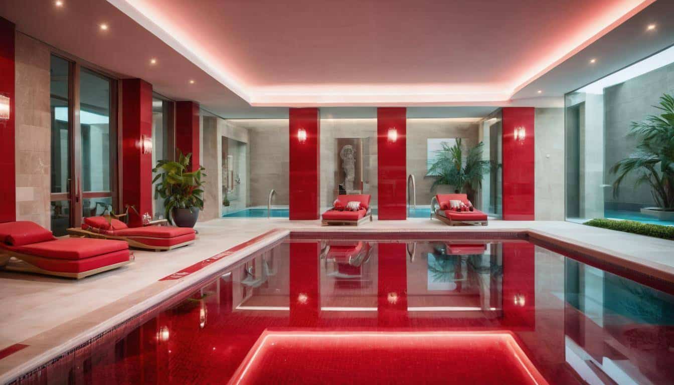 Luxurious indoor pool with red decor