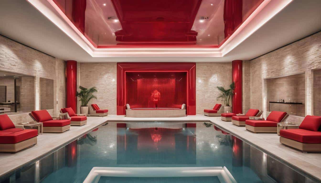 Luxurious indoor pool with red decor