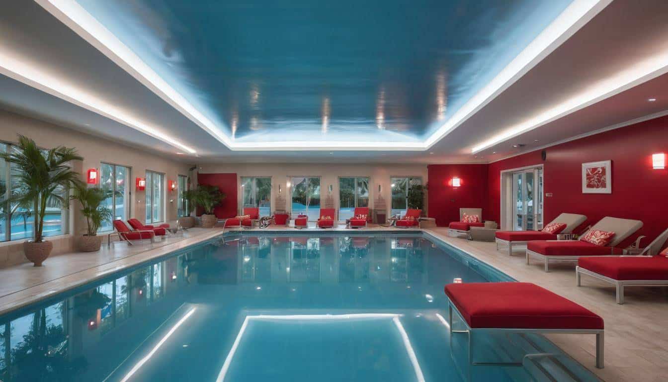 Luxurious indoor pool with red decor