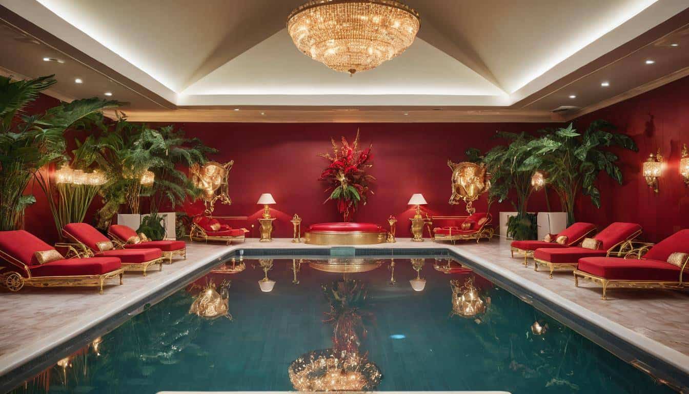 Luxurious indoor pool with red decor