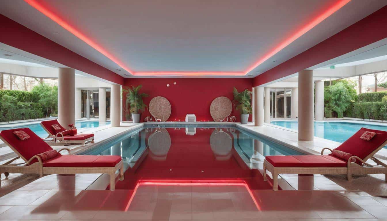 Luxurious indoor pool with red decor