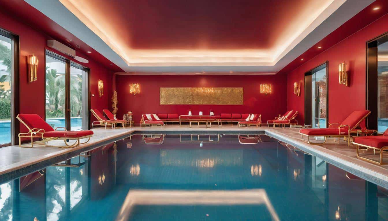 Luxurious indoor pool with red decor