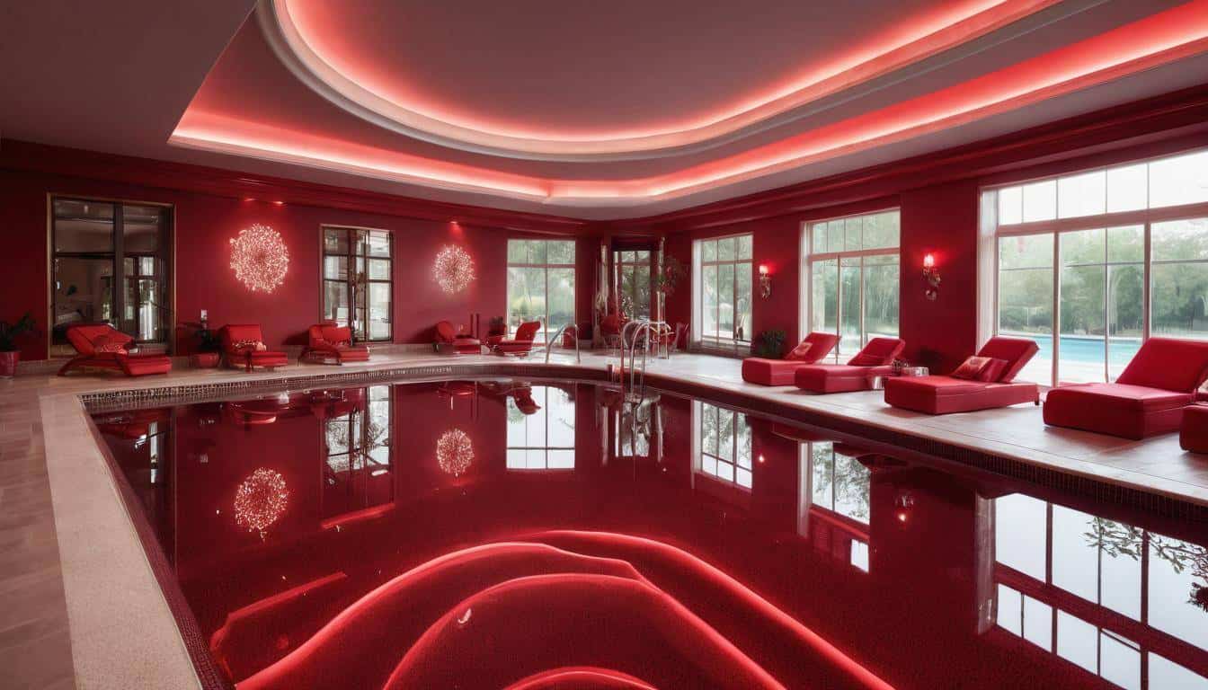 Luxurious indoor pool with red decor