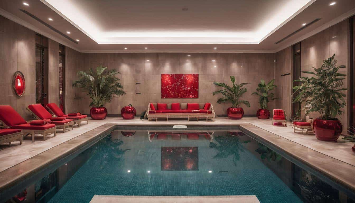 Luxurious indoor pool with red decor