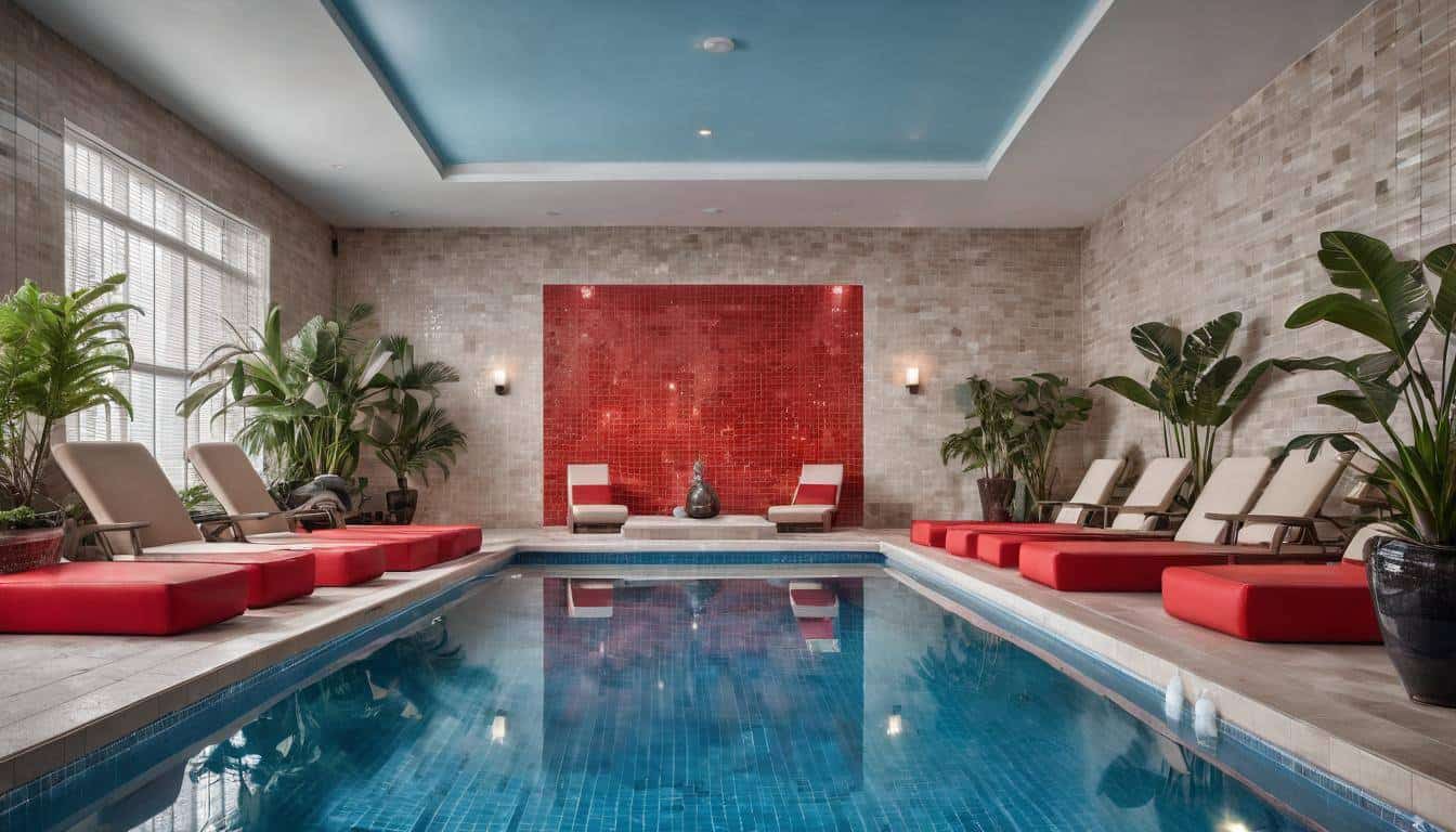 Luxurious indoor pool with red decor