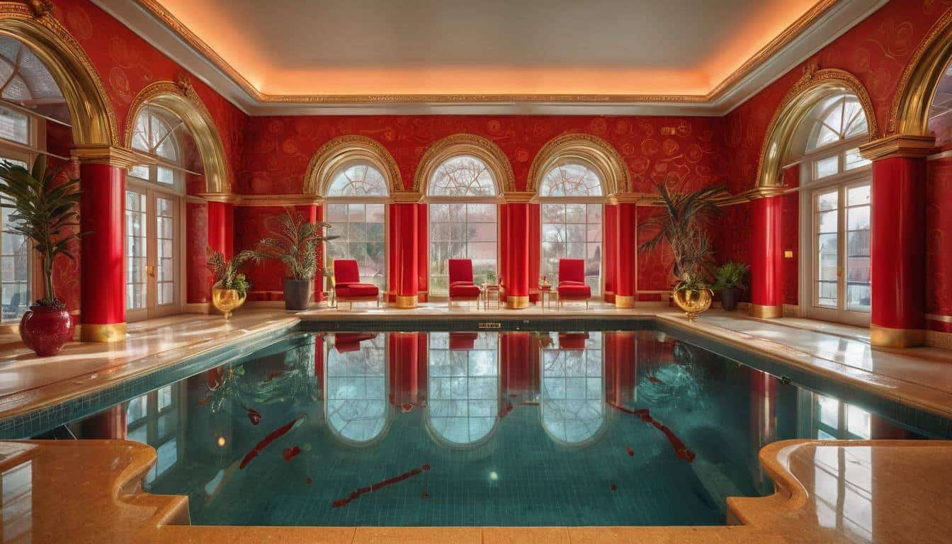 Luxurious indoor pool with red decor