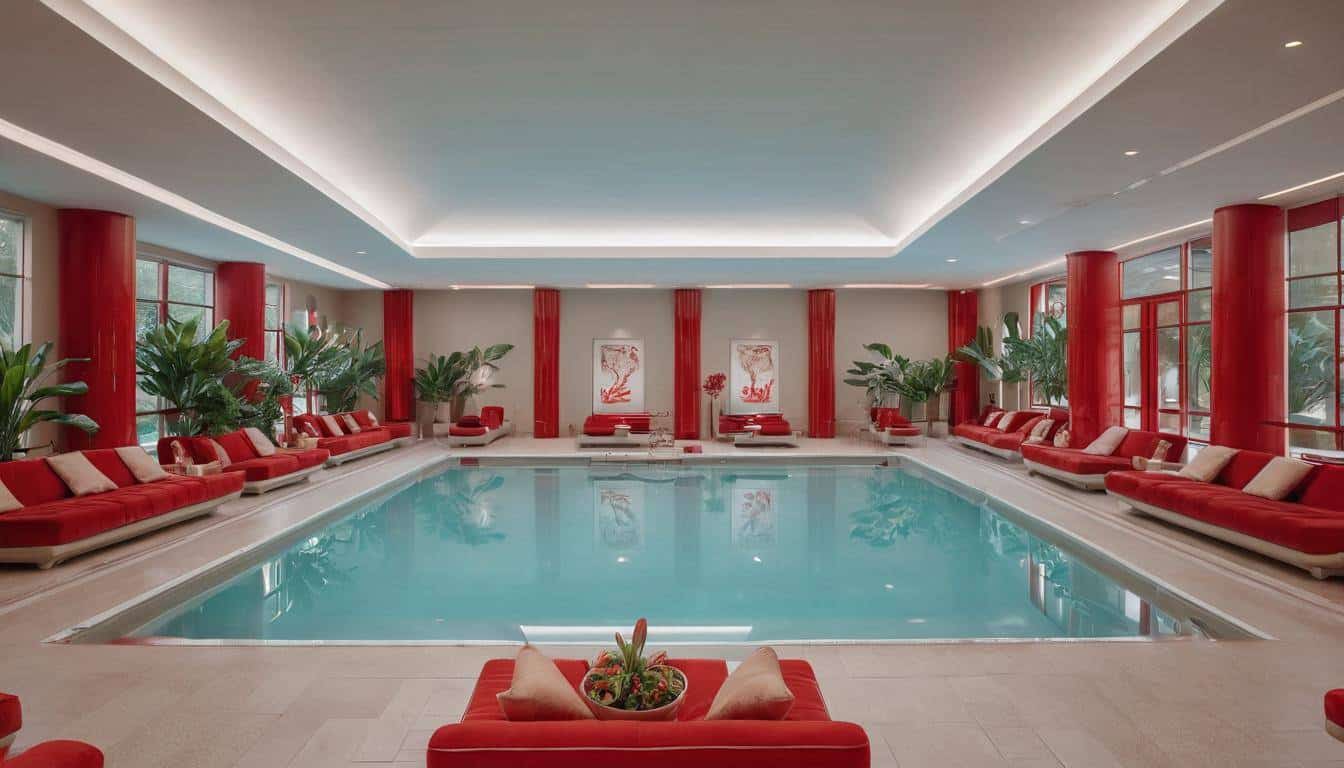 Luxurious indoor pool with red decor