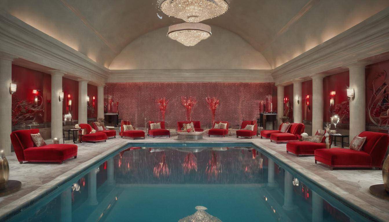 Luxurious indoor pool with red decor