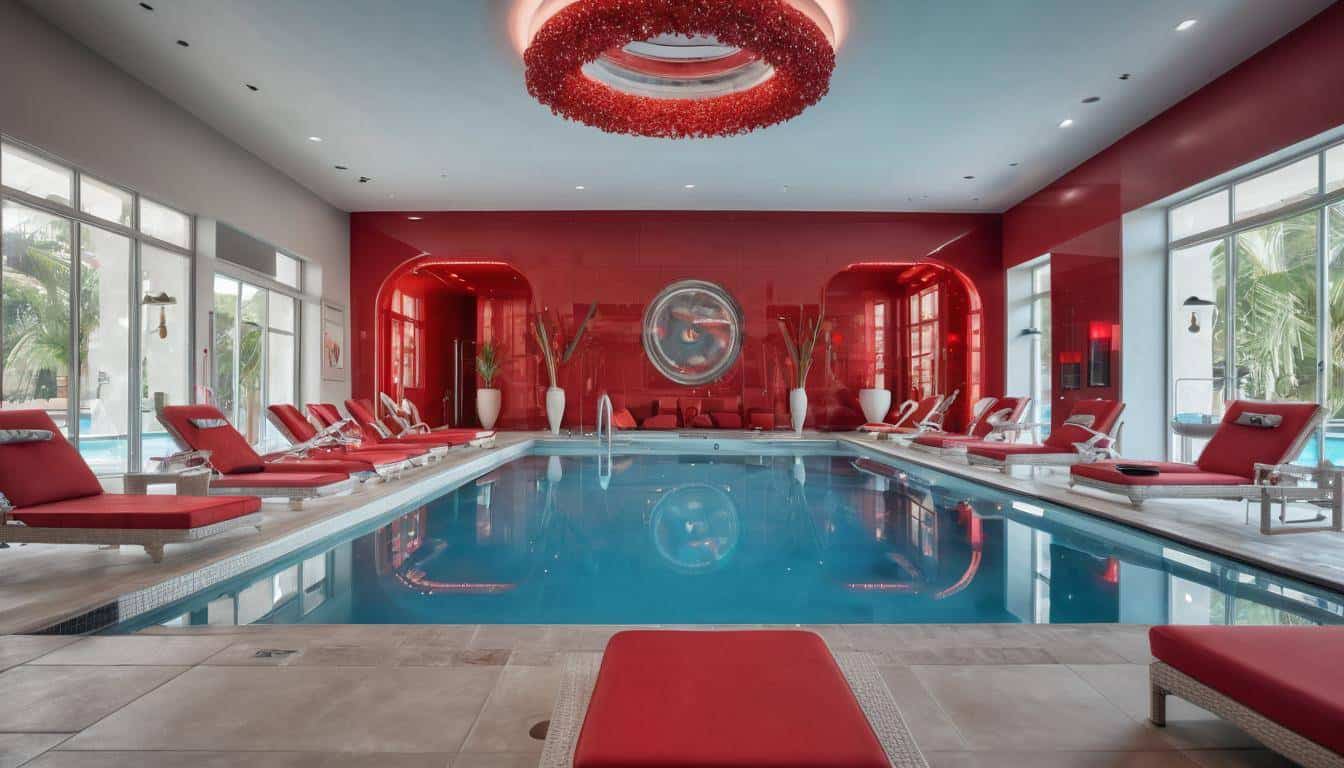 Luxurious red-themed indoor pool