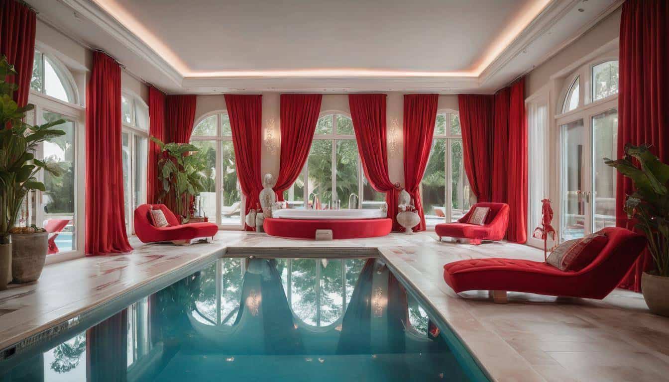 Luxurious red-themed indoor pool