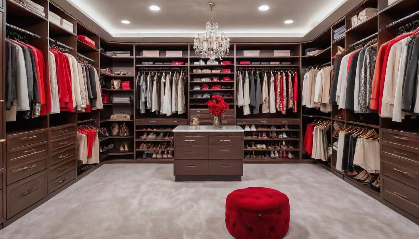 Luxurious red walk-in closet