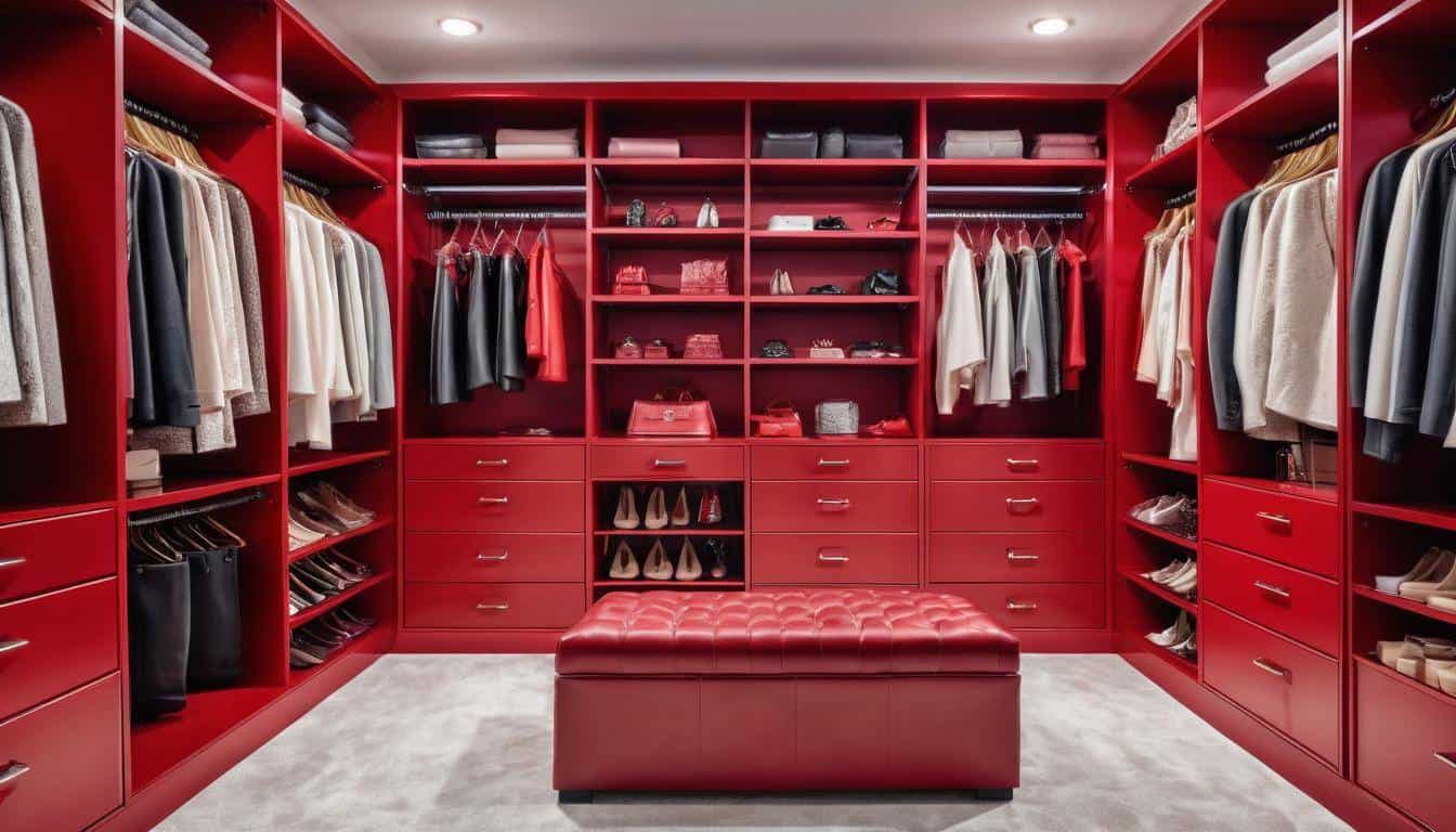 Luxurious red walk-in closet