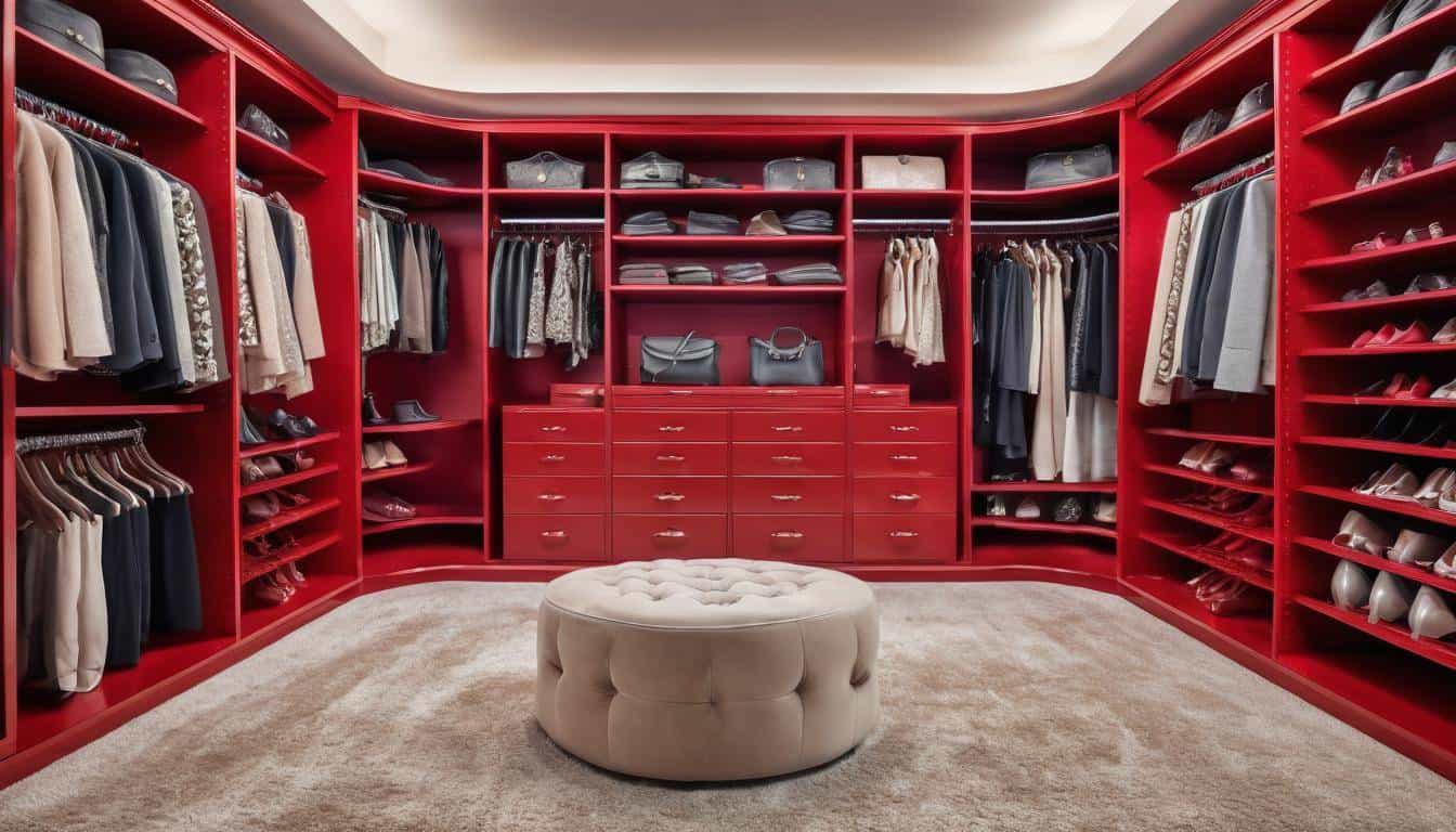 Luxurious red walk-in closet