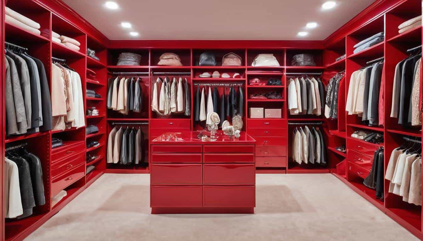 Luxurious red walk-in closet