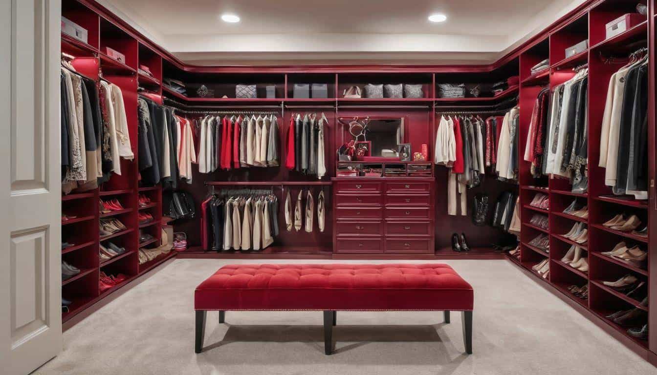 Luxurious red walk-in closet