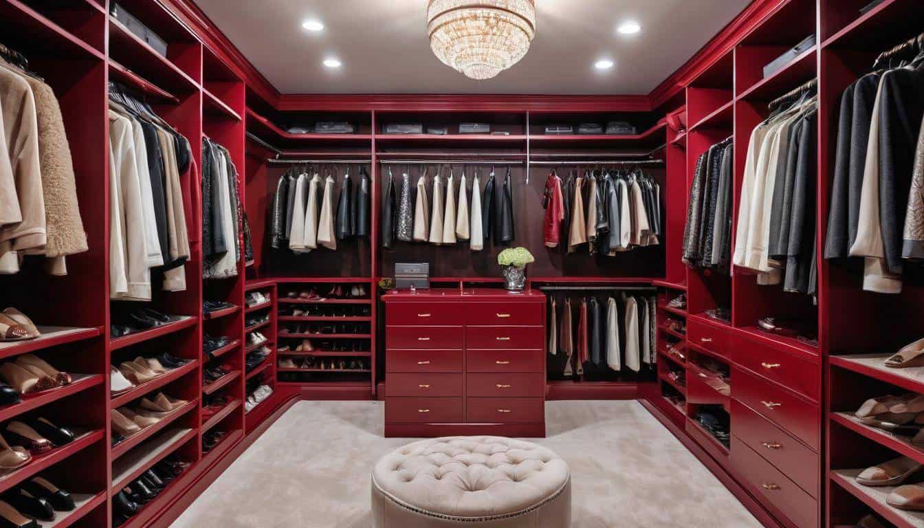 Luxurious red walk-in closet