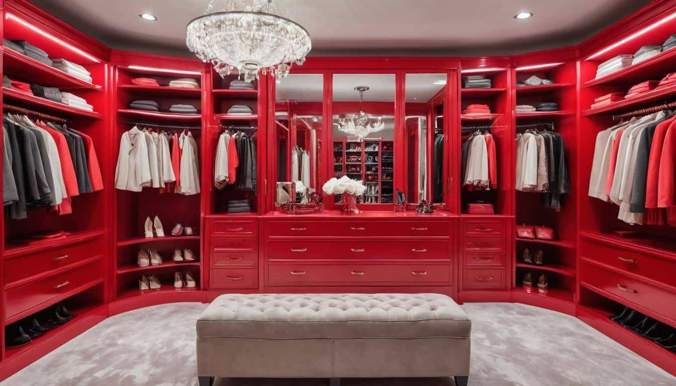 Luxurious red walk-in closet