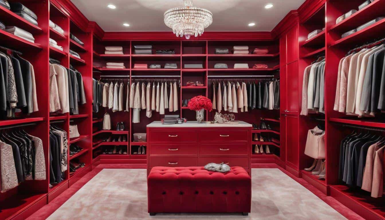 Luxurious red walk-in closet