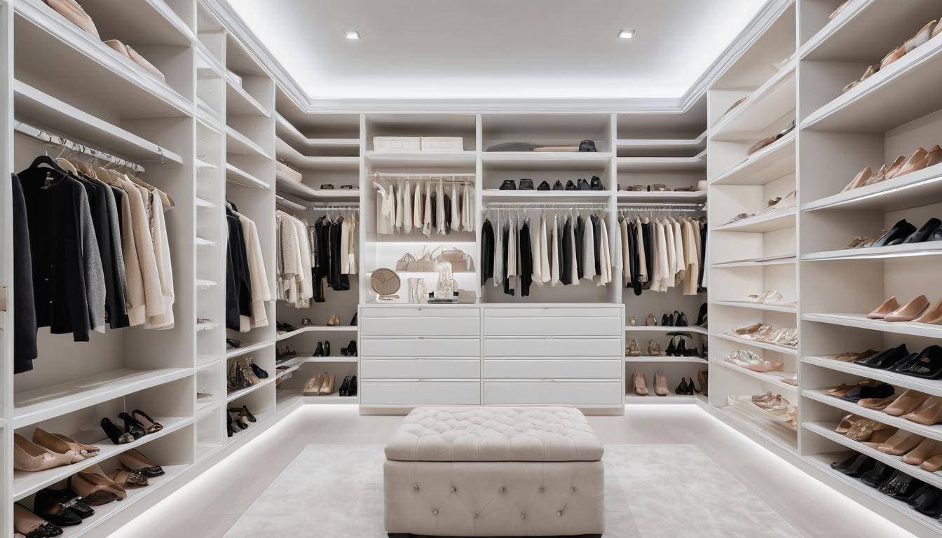 Luxurious white walk-in closet