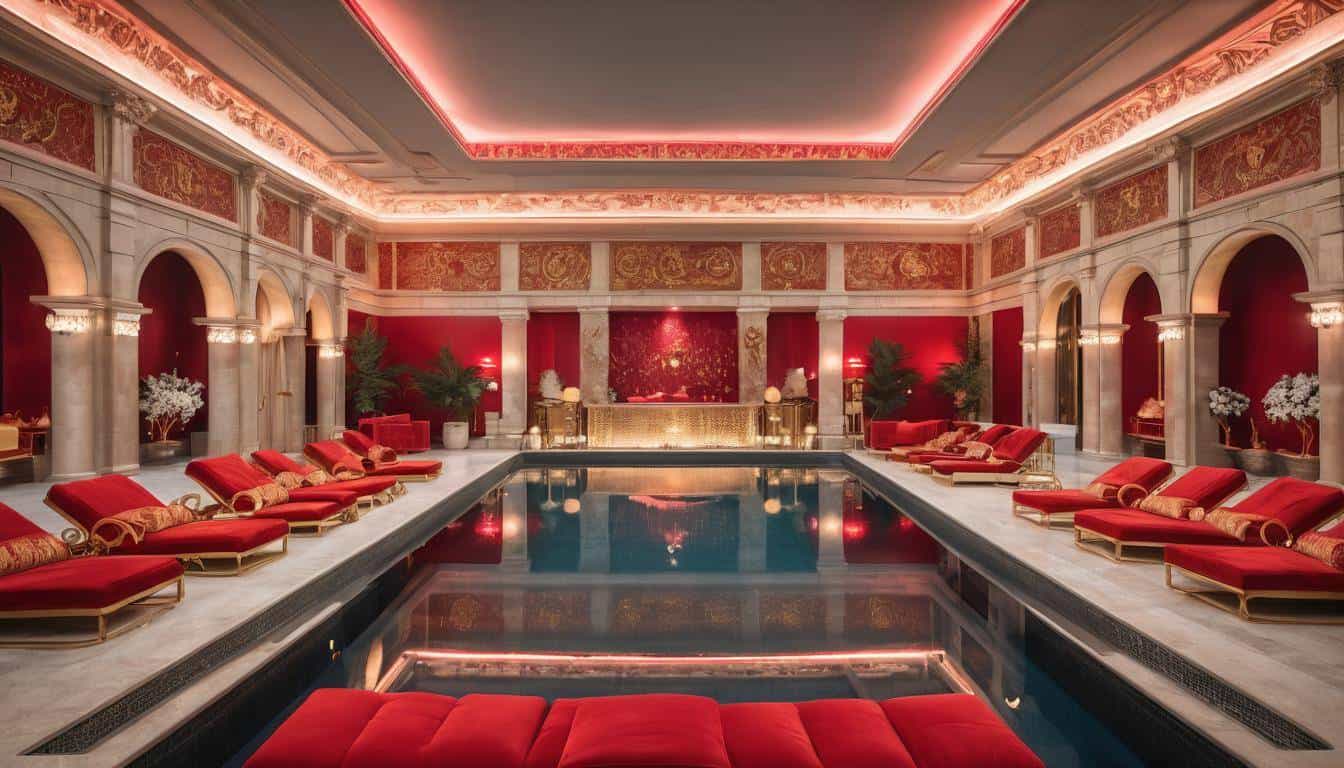 Luxury indoor pool with red decor