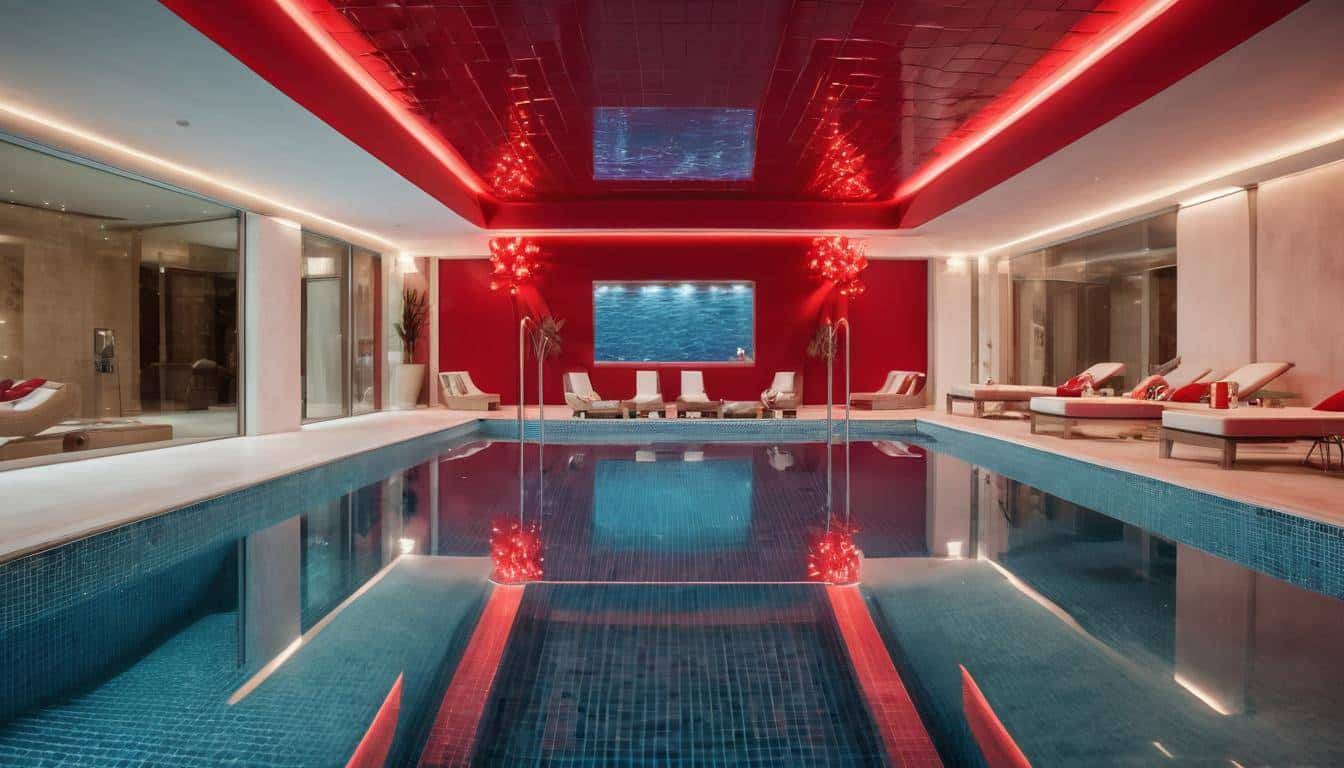 Luxury indoor pool with red decor