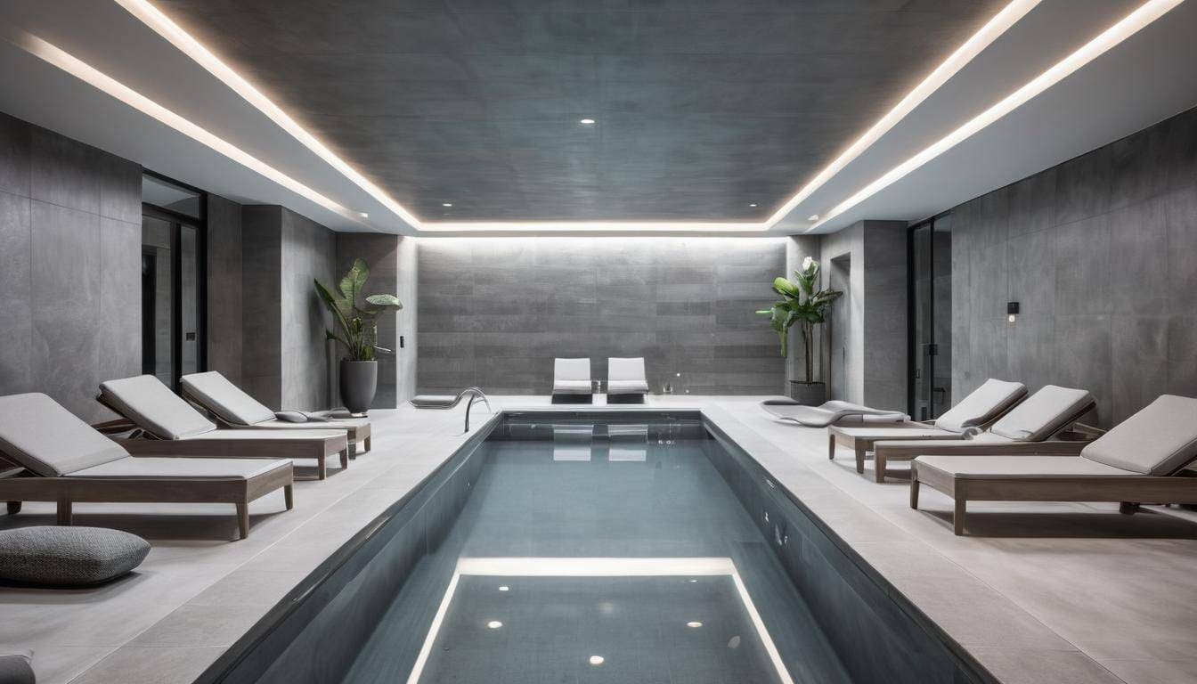 Modern grey indoor pool design