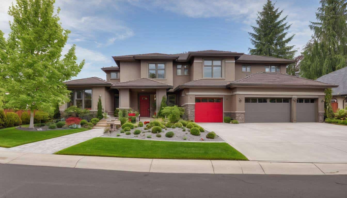 Modern home with red driveway