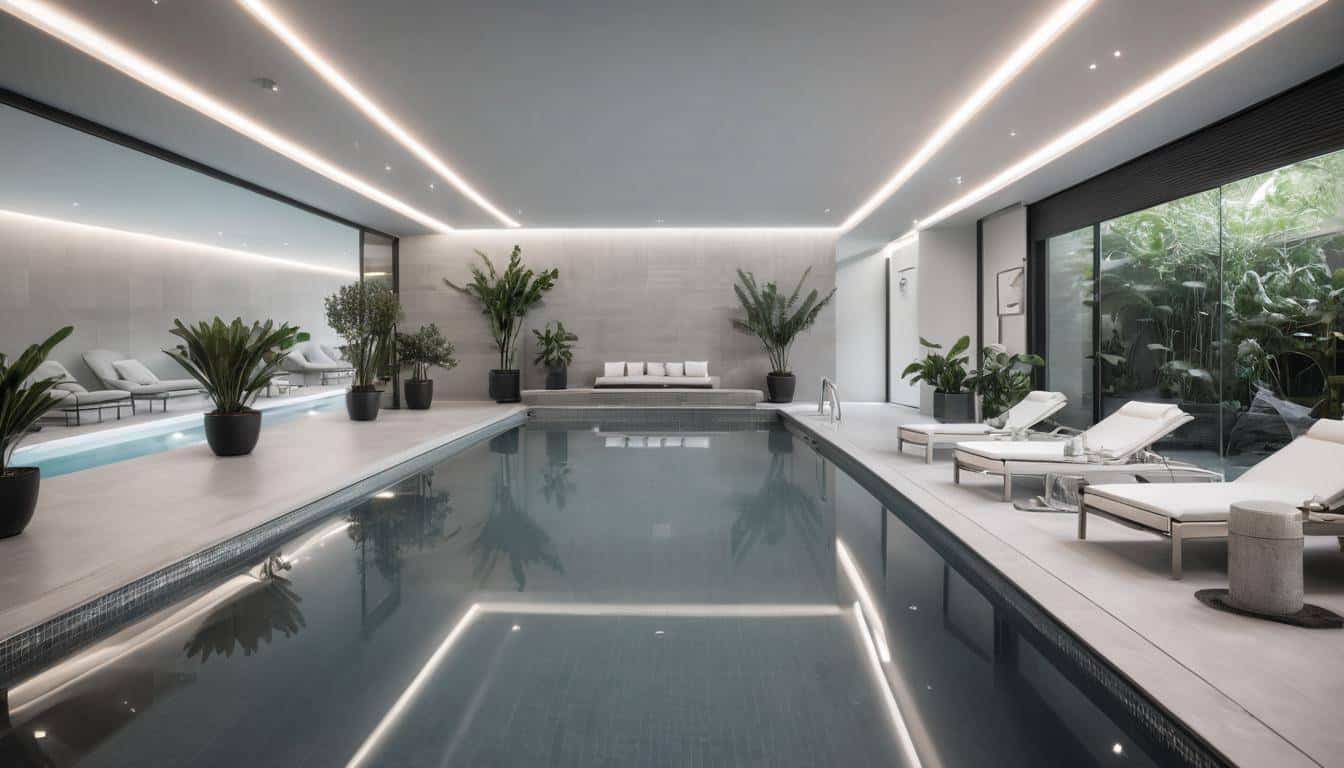 Modern indoor pool with grey decor