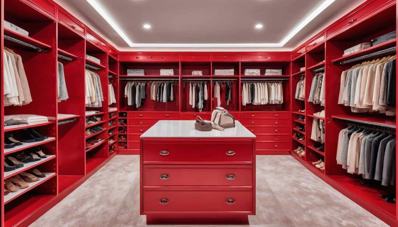 Opulent red walk-in closet