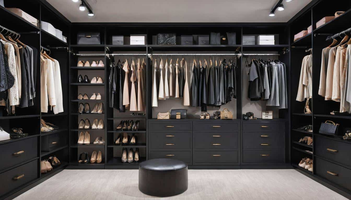 Organized black walk-in closet