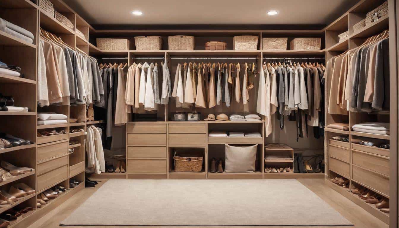 Organized light brown walk-in closet